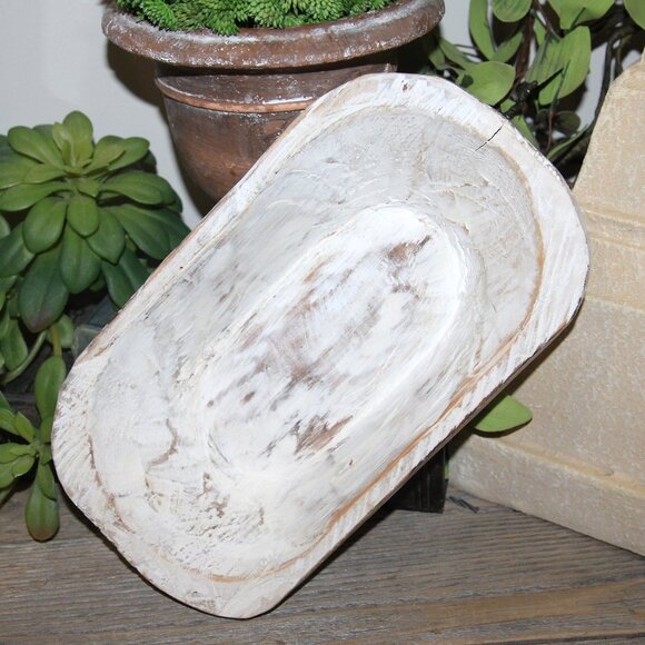 Shabby Distressed White French Country Farmhouse Wood Dough Bowl Dish - Picture 1 of 7
